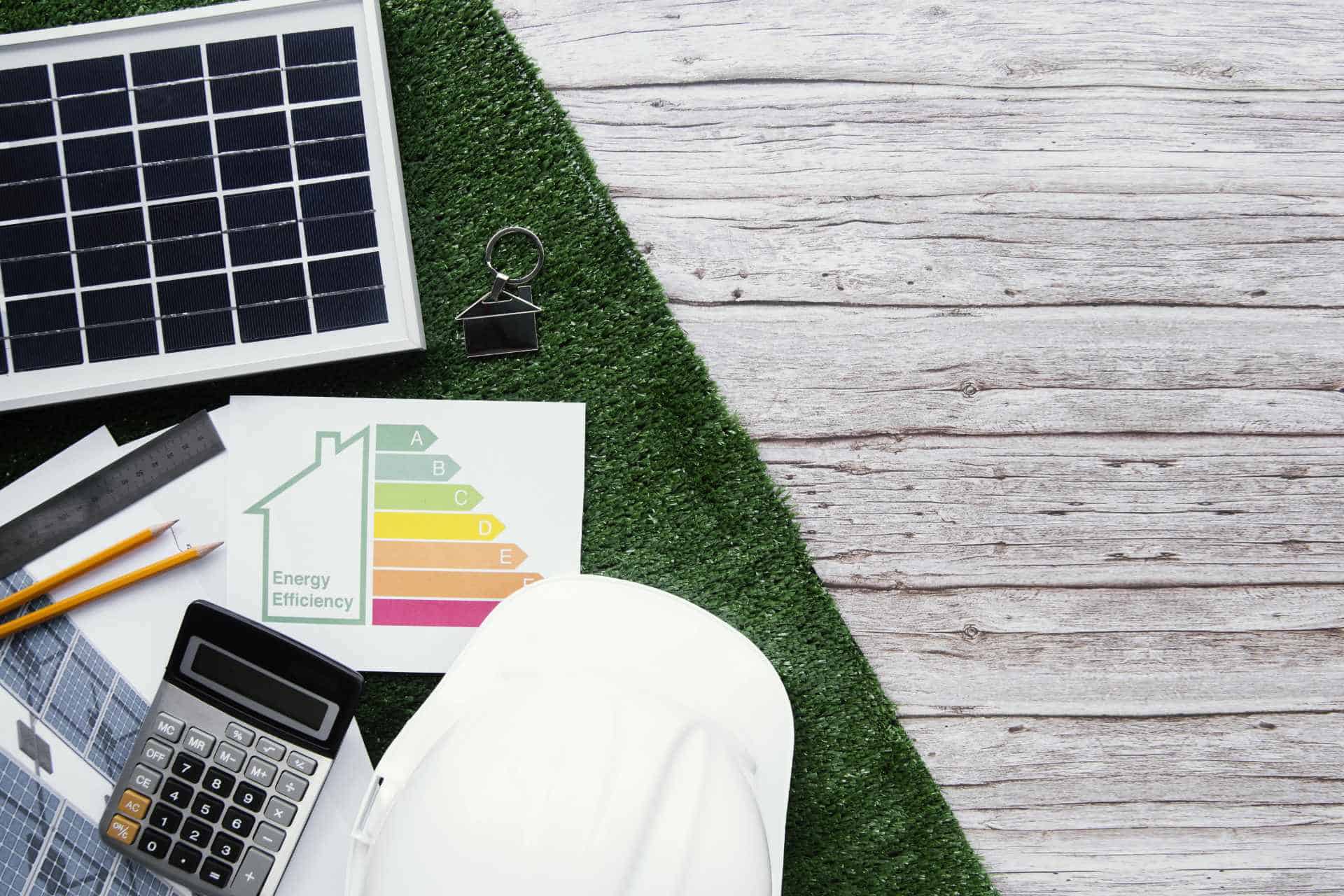 Symbolfoto Energieeffizienzklasse und Energieausweis auf Holztisch